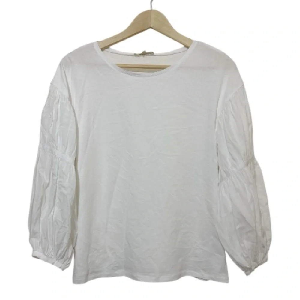 Madewell White Mixed Media Puff Sleeve Top Size Small Cotton Blouse